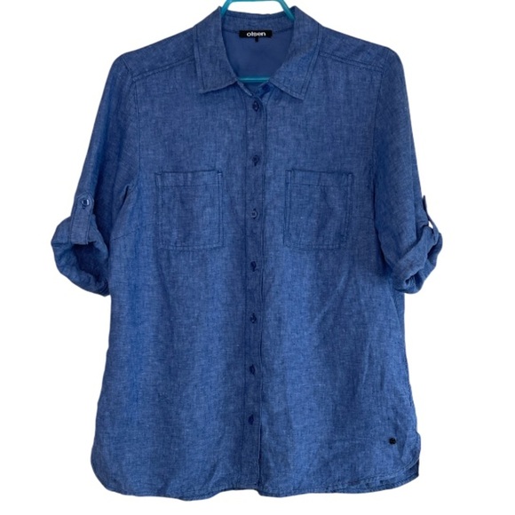 Olsen Linen Tab Sleeve Collared Button Up Ocean Breeze Blue Coastal Size S-M 8 - Picture 12 of 12